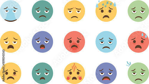 Sad and Sick Emoji Face Illustration Set Showing Tired Unhappy Crying Pain and Stress Facial Expressions for Emotional Feedback Health Communication and User Interface Design