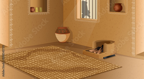 Traditional Rural Indian Kitchen Background Vector with Mud Chulha Stove, Woven Mat, Clay Pots, and Decorative Painted Walls in a Village Home