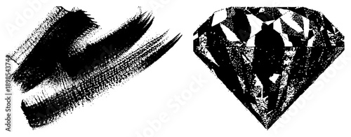 Artistic brush strokes and diamond cut design rendered in halftone, vector graphic, black and white, isolated elements, stylized textures, graphic design assets.