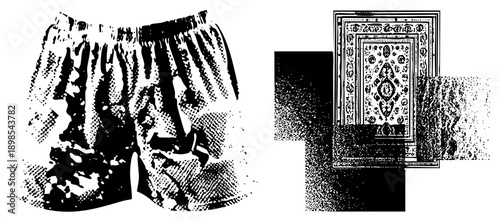 Retro halftone boxer shorts with textured, vintage rug with intricate border, vector art, black and white, graphic design, isolated elements, stylized textile.