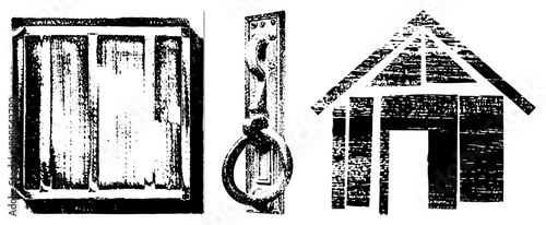 Stylized door knocker with ring, wooden door with panels, rustic house, halftone texture, vector graphic, isolated elements, architectural symbols.