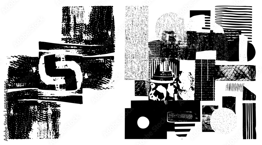 Obraz premium Black and white graphic art featuring fragmented geometric forms, halftone, and textured blocks, ideal for modern design or print.