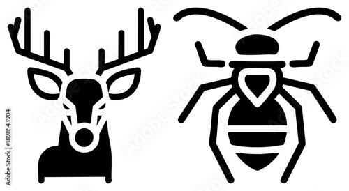 Deer head with antlers and bee with wings, minimalist vector, wildlife symbols, flat graphic design, nature motifs, isolated foreground elements.