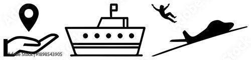 Vector showing navigation, transport, and adventure hand with pin, ferry, skydiver, ski plane minimalist travel and activity symbols.