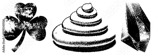 Distressed shamrock symbol, poop emoji, abstract crystal shape, halftone texture, vector graphic, isolated symbols, retro design.