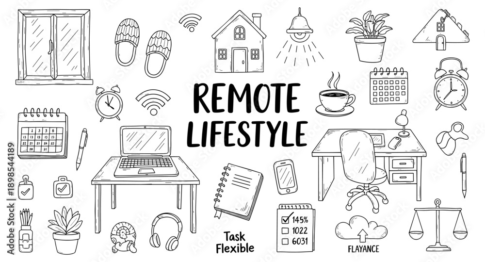 Fototapeta premium Remote lifestyle elements and icons for work from home and freelance professionals
