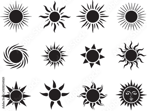 Collection of various sun silhouette icons and symbols