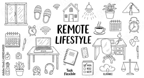 Remote lifestyle elements and icons for work from home and freelance professionals