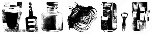 Halftone graphic of drinkware, bottle opener, ink bottle, splash, soda can, corkscrew isolated vector for beverage contexts.