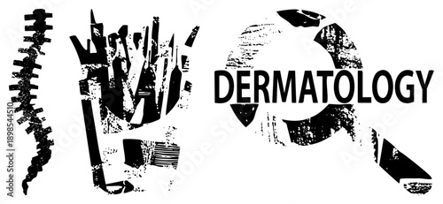 Dermatology medical emblem with abstract skin texture and magnifying glass, skin health symbol, dermatologist, medical illustration, black and white vector design.
