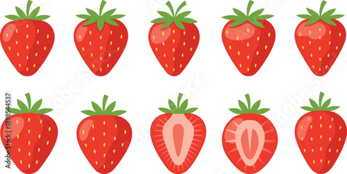 Strawberry Fruit Illustration Collection Featuring Whole and Sliced Strawberries with Green Leaves for Fresh Healthy Nutrition Organic Food and Summer Design Concepts