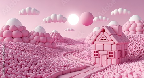 Charming pink 3D landscape with a cute house made of blocks, winding path, soft clouds, and a bright sun.