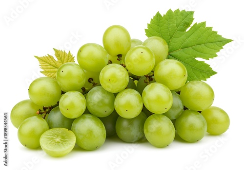 Fresh Green Grapes Cluster with Leaves on White Background