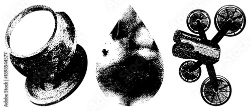 Black and white halftone graphic featuring abstract bowl, stylized face, and citrus bottle with wheels, vector art, isolated elements, dotted texture, artistic composition.