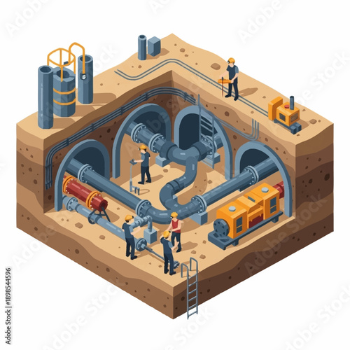 Isometric underground pipeline construction with workers.