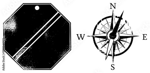 Black and white distressed octagonal tag with diagonal stripe, compass rose with cardinal points, navigation, directional symbol, travel emblem, cartographic element, retro design.