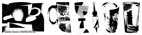 Graphic collection of stylized drink vessels including cup, mug, goblet, dropper, cocktail glass, and tumbler, rendered in halftone dot, isolated vector art.