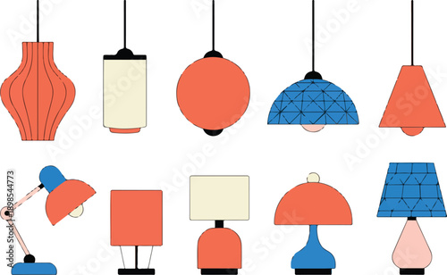 A flat, minimalist illustration of eight pendant and table lamps arranged in two rows against a white background.