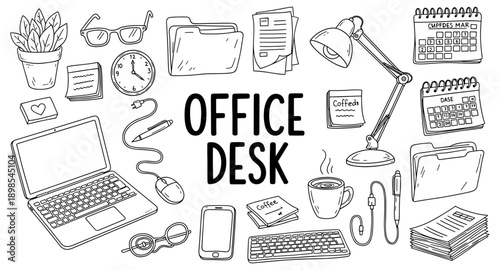 Doodle illustration of an office desk with various supplies and electronics