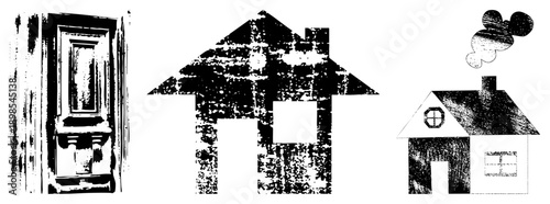 Weathered wooden door, rustic houses with textured walls, smoke rising from chimney, halftone graphic, isolated vector.