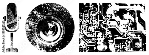 Retro microphone, camera lens, and circuit board rendered in halftone vector style, isolated graphic elements, tech and, design.