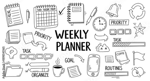 Doodle illustration of a weekly planner with icons for tasks, goals, and priorities