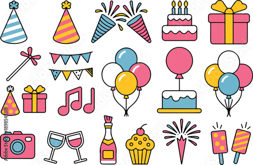 A collection of colorful birthday party icons arranged in a grid layout on a white background.
