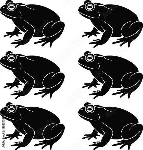 Frog silhouette illustration collection, amphibian wildlife poses, black frog icons, nature animal symbols, isolated vector graphic set, minimal design art