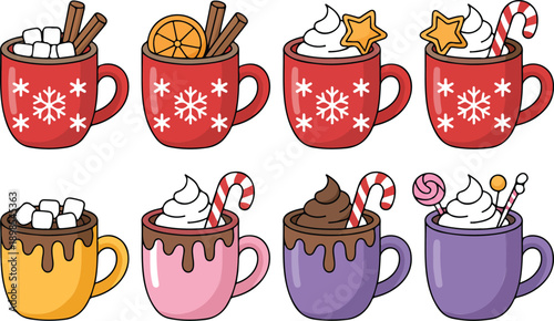 A set of 8 cute cartoon illustrations of hot chocolate mugs arranged in two rows. The top row features 4 red ceramic mugs with white snowflake patterns.