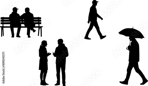 Collection of black vector silhouettes showing people sitting on park benches, walking and talking, isolated on white background.
