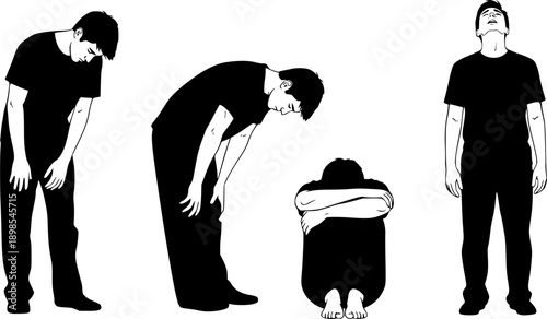 Vector collection of black silhouettes featuring men standing and bending in sad, tired, and depressed poses isolated on white background.
