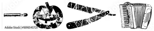 Grunge style Halloween symbols including jack o lantern, cigar, straight razor, and, vector art with distressed texture, isolated elements for design use.