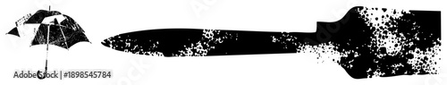 Black and white vector silhouettes of an umbrella and, featuring halftone speckle texture, isolated graphic elements, urban art style, abstract composition.