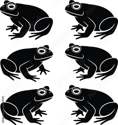 Frog silhouette illustration set, amphibian wildlife poses, black frog icons collection, nature animal symbols, isolated vector design, graphic, minimal, art