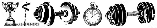 Sports achievement symbols including trophy, dumbbell, stopwatch, and barbell in bold halftone style. Fitness, competition, and time tracking for gym or event design.