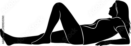 Black silhouette of a person lying down on the floor, relaxing with one knee up, isolated on white background, vector illustration.
