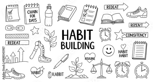 Doodle icons for habit building, personal growth, and routine tracking
