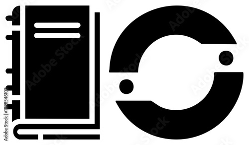 Stylized notebook with spiral binding and circular graphic, minimalist design, productivity tool, planning symbol, office, flat vector illustration.