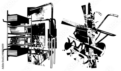 Stylized mechanical components, abstract industrial equipment, vector graphic with halftone texture, mechanical art, industrial design, machinery silhouette, technical illustration.