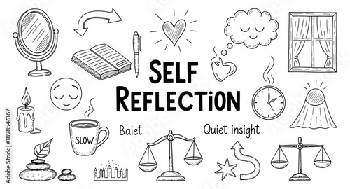 Self reflection concept with symbols of introspection, mindfulness, and personal growth