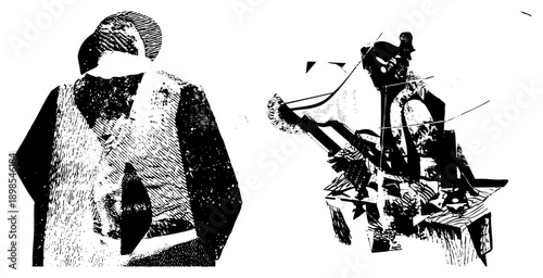 Two stylized human forms rendered in bold black and hatched textures, graphic illustration, vector art, design, artistic composition.
