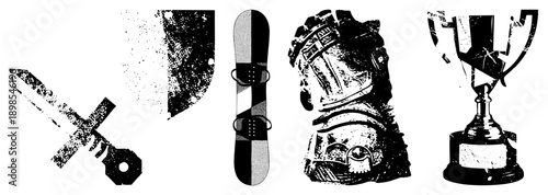 Retro halftone vector featuring sword and shield, snowboard, knight helmet, and trophy cup with distressed texture, ideal for gaming or sports themes.