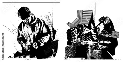 Young child wearing raincoat, adjusting hood, stylized halftone shading, graphic illustration, vector, urban weather scene, isolated figure.