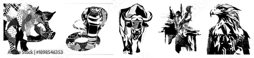 Graphic vector illustrations of wild animals rendered in halftone and geometric, including boar, cobra, bull, warrior, and eagle, isolated on transparent background.