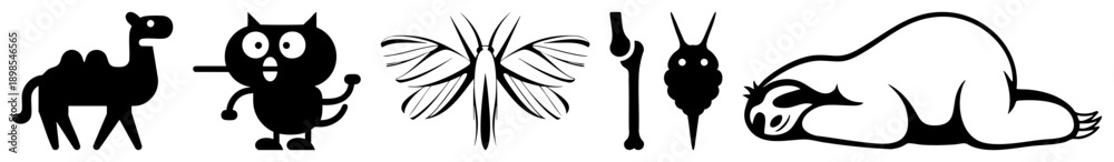 Fototapeta premium Black vector of camel, owl, moth, bone, and sloth, minimalist flat design, isolated foreground, stylized animal shapes, graphic symbols, no background.