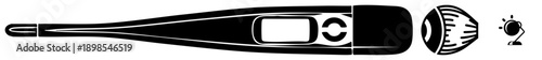 Black and white vector thermometer showing digital readout, accompanied by eye and light bulb, minimalist medical device, health monitoring tool, clinical thermometer.