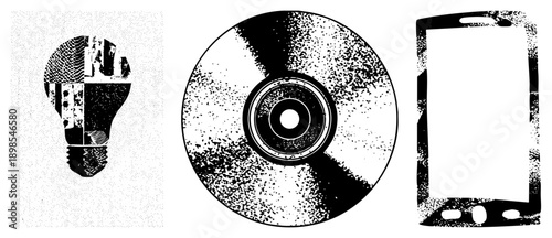Retro tech symbols rendered in halftone dot idea bulb, compact disc, mobile phone vector art for digital design, UI, or print.