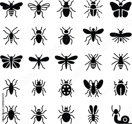 Insect silhouettes icon set collection, bugs, beetles, flies, butterflies, spiders, vector symbols, black shapes, nature wildlife illustration
