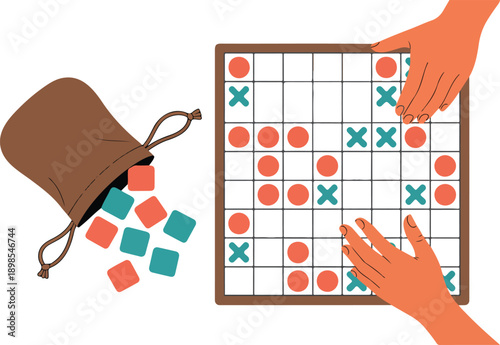 A flat, minimalist illustration of a board game setup. On the left side, there is a brown drawstring bag with a cord handle spilling out coral-colored and turquoise square tiles.