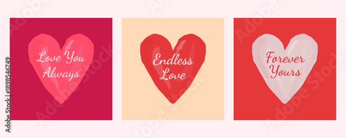 Romantic Valentine's Day greeting card set in watercolor painting style. Minimalist vector heart illustrations with love quotes for anniversaries and weddings
